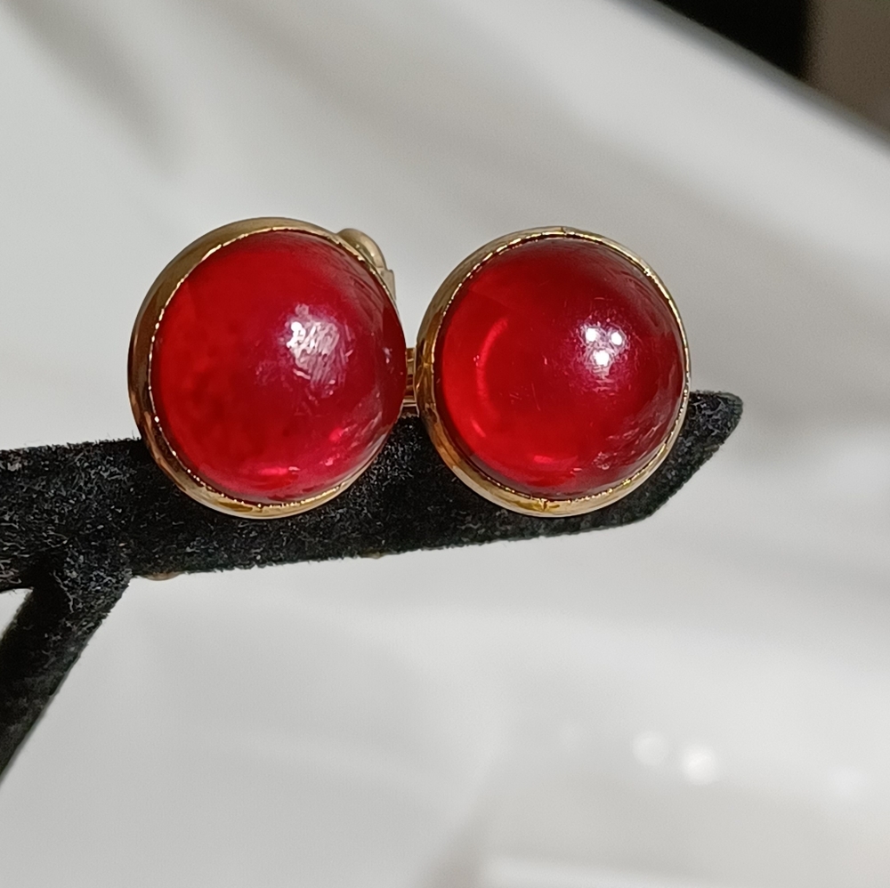 VINTAGE RUBY RED ROUND CUFFLINKS - Picture 2 of 11